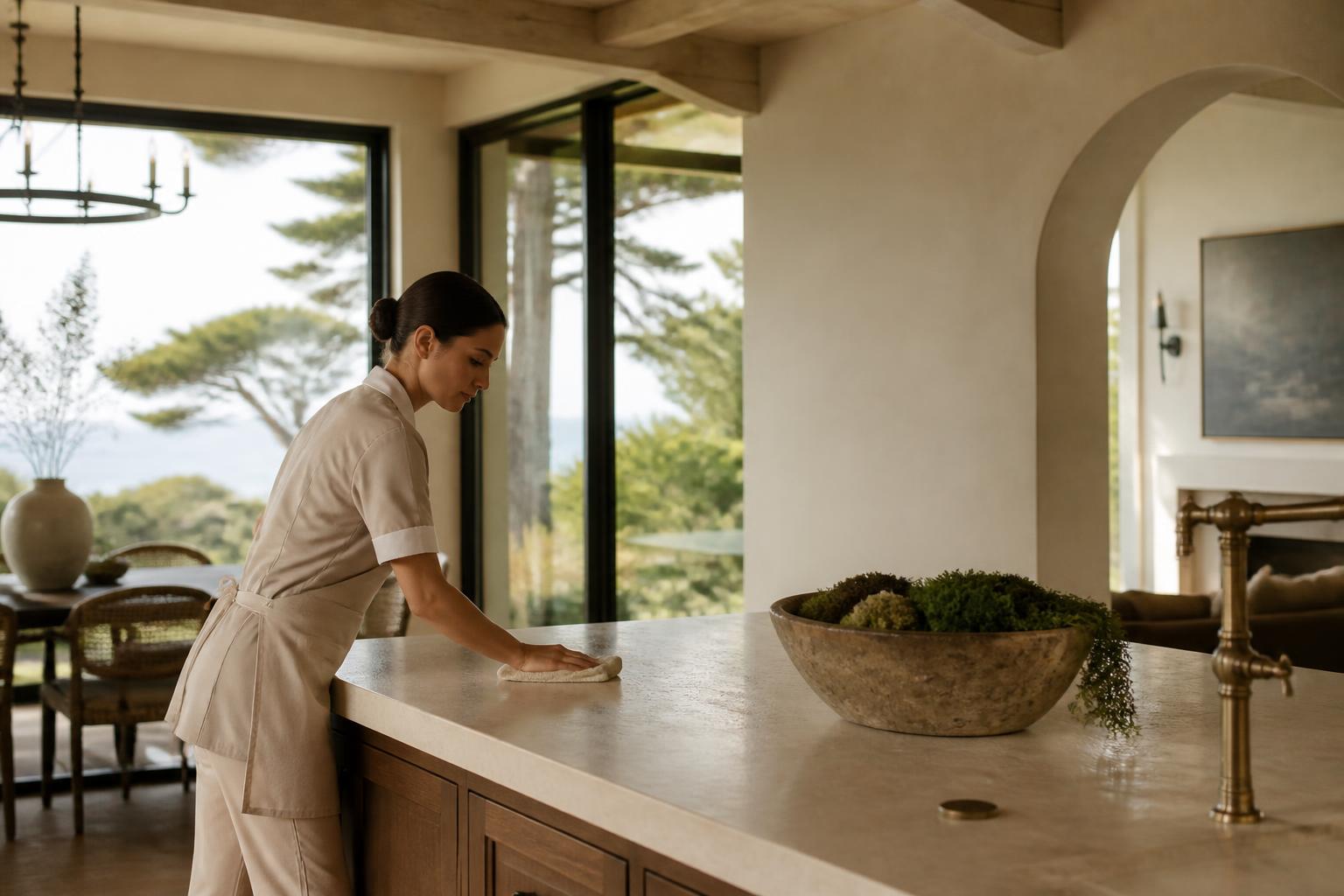 Professional cleaner caring for a luxury kitchen
