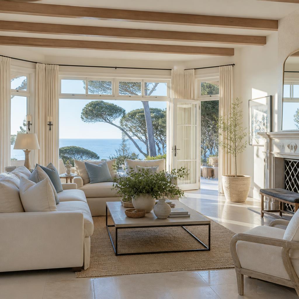Immaculate coastal living room overlooking Monterey cypress trees